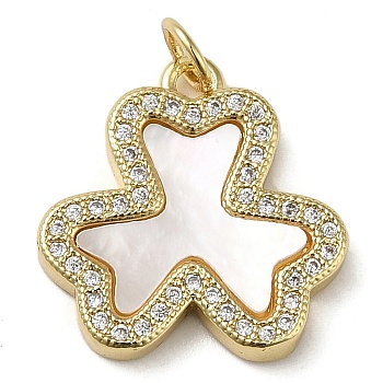 Brass Micro Pave Cubic Zirconia Pendants, with Shell, Clover, Real 18K Gold Plated, 18.5x18x2.5mm, Hole: 3.4mm