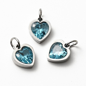 304 Stainless Steel Pendants, with Cubic Zirconia and Jump Rings, Single Stone Charms, Heart, Stainless Steel Color, Cyan, 9x8x3mm, Hole: 3.6mm