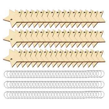 50Pcs Undyed Wood Connector Charms, with 100Pcs Silver Color Plataed Brass Open Jump Rings, Star, Links: 29.5x31x2.5mm, Hole: 2mm, Rings: 12x1.2mm, Inner Diameter: 9.6mm