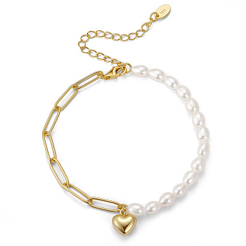 925 Sterling Silver Heart Charm Bracelet, Natural Baroque Pearl Beaded & Paperclip Chains Bracelets, with S925 Stamp, Golden, 6-1/2 inch(16.5cm)