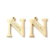 Real 14K Gold Plated 304 Stainless Steel Pendants, with Rhinestone, Letter N, 18x16.5x2mm, Hole: 1.4mm(STAS-L022-157G-N)