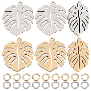 12Pcs 2 Colors 201 Stainless Steel Pendants, with 40Pcs 2 Colors 304 Stainless Steel Open Jump Rings, Monstera Leaf, Mixed Color, 4.5~24x4.5~21x0.8~1mm, Hole: 1mm(STAS-CN0001-50)