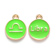 Alloy Enamel Pendants, Cadmium Free & Lead Free, Flat Round with Constellation, Light Gold, Pale Green, Libra, 15x12x2mm, Hole: 1.5mm(ENAM-S124-01B-06K)