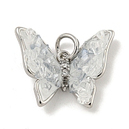Natural Quartz Crystal Pendants, Brass Pave Clear Cubic Zirconia Butterfly Charms with Enamel & Jump Rings, Platinum, 15x18x5mm, Hole: 3mm(KK-P275-24P)