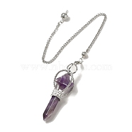 Natural Amethyst Dowsing Pendulums, with Platinum Plated Alloy Chains, Merkaba Star Truncheon Charm, Reiki Wicca Witchcraft Balancing Pointed Pendant Pendulum, 310~315mm, Hole: 2mm(G-C095-01P-01)