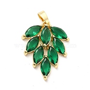 Brass Pendants, with Green Glass, Leaf Charm, Real 18K Gold Plated, 24.5x19x5mm, Hole: 5x2.5mm(KK-I695-052G)