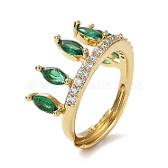 Cubic Zirconia Crown Adjustable Rings, Rack Plating Real 18K Gold Plated Brass Ring, Lead Free & Cadmium Free, Long-Lasting Plated, Green, Inner Diameter: 18mm(RJEW-Q777-10G-04)