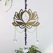 Lotus Flower Pendant Decorations, Hanging Sun Catchers, with Natural Amethyst Chips and Crystal Teardrop Glass, Coffee, 330mm(PW23041142185)