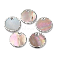 Natural Sea Shell Pendants, Flat Round Charms with Brass Edge, Platinum, 15x1mm, Hole: 1mm(BSHE-P033-13B-P)