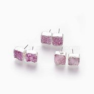 Natural Dyed Druzy Quartz Stud Earrings, with 304 Stainless Steel Findings, Square, Silver, Pale Violet Red, 10x10x6~10mm, Pin: 0.7mm(EJEW-P166-A01)