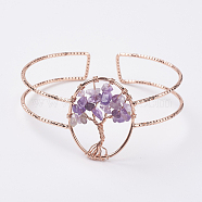 Natural Amethyst Chip Bead Cuff Bangles, with Rose Gold Tone Brass Findings, (2 inchx2-1/4 inch~2-3/8 inch)50x58~62mm(BJEW-L624-A08)