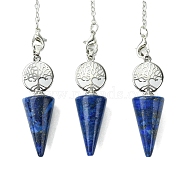 Natural Lapis Lazuli Cone Dowsing Pendulum Big Pendants, with Tree of Life Rack Plating Platinum Plated Brass Findings, Cadmium Free & Lead Free, 220~240mm, Hole: 1.5~2mm(G-C114-02P-15)
