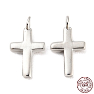 Rhodium Plated 925 Sterling Silver Charms, with Jump Rings, Cross, with S925 Stamp, Real Platinum Plated, 10x5.5x2mm, Hole: 1.2mm(STER-Q190-07P)