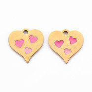 304 Stainless Steel Enamel Charms, Golden, Heart, Hot Pink, 15x15x1mm, Hole: 1.8mm(STAS-Q242-035A)