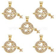 5Pcs Brass Micro Pave Clear Cubic Zirconia Pendants, Nickel Free, Flat Round with Star, Real 18K Gold Plated, 17x21x3mm, Hole: 3x5mm(ZIRC-SZ0003-27)