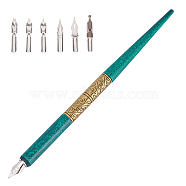 Stainless Steel Dip Pen, with Wooden Pen Stick & 6 Kinds of Stainless Steel Nibs, Teal, Pen: 183x10mm, Stainless Steel Nibs: 17~39x6.5~8x2~5mm, 6pcs(AJEW-WH0152-24B)