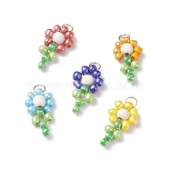Glass Seed Beaded Pendants, with Synthetic Turquoise Beads and Nylon Wire, Flower, Mixed Color, 16~17x10x4.2mm, Hole: 1.5x3mm(PALLOY-JF01825)
