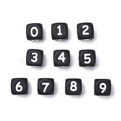 Silicone Beads, for Bracelet or Necklace Making, Arabic Numerals Style, Black Cube,  Random Mixed Num, 10x10x10mm, Hole: 2mm(SIL-TAC001-02E-M)