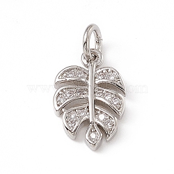 Brass Micro Pave Clear Cubic Zirconia Leaf Charms, with Open Jump Rings, Platinum, 13x8.2x1.5mm, Jump Ring: 4.5x0.7mm, Inner Diameter: 3mm (ZIRC-F132-62P)