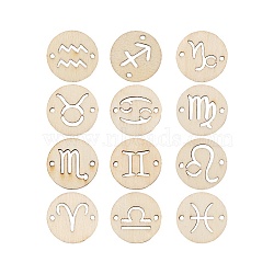 120pcs 12 Styles Unfinished Natural Poplar Wood Links Connectors, Laser Cut, Flat Round with Constellation, with Jute Cord, for Jewelry Making, 12 Constellations, Poplar Wood Links Connectors: 120Pcs/Bag(WOOD-LS0001-05)