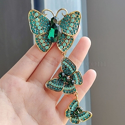 Rhinestone Triple Butterfly Brooch Pins, Gold Plated Alloy Badge for Corsages Scarf Clothes, Blue Shade, 110x50mm(PW-WG311BA-04)