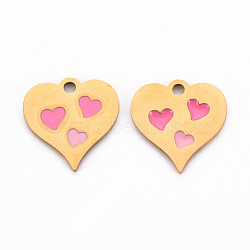 304 Stainless Steel Enamel Charms, Golden, Heart, Hot Pink, 15x15x1mm, Hole: 1.8mm(STAS-Q242-035A)