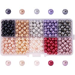 10 Color Eco-Friendly Pearlized Round Glass Pearl Beads, Dyed, Mixed Color, 6mm, Hole: 1.2~1.5mm, about 60pcs/compartment, 600pcs/box(HY-PH0010-03)