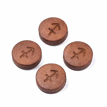 Laser Engraved Wood Beads, Flat Round with 12 Constellations, Dyed, Camel, Sagittarius, 12x4mm, Hole: 1.6mm