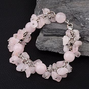 Rose Quartz Bracelets, with Brass Lobster Clasp and Findings, 195mm