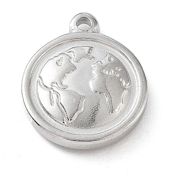 Non-Tarnish 304 Stainless Steel Pendants, Flat Round with Map Charm, Stainless Steel Color, 18x15x3.5mm, Hole: 1.6mm