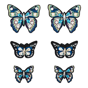 6Pcs 3 Style Handmade Polyester Cloth Patches, Sew on Patches, Plastic Imitation Pearl & Acrylic Beaded Butterfly Appliques, Mixed Color, 32~54x37~61x5.5mm, 2pcs/style