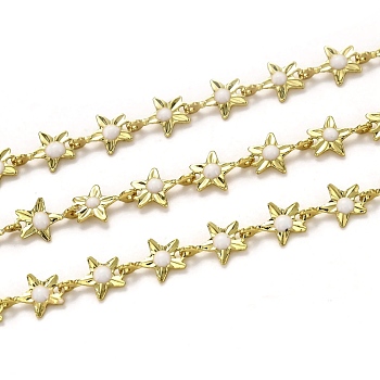 Brass Link Chains, with Enamel, Spool, Long-Lasting Plated, Unwelded, Star, Golden, White, Link: 9x6.1x1.5mm