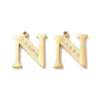 Real 14K Gold Plated 304 Stainless Steel Pendants, with Rhinestone, Letter N, 18x16.5x2mm, Hole: 1.4mm