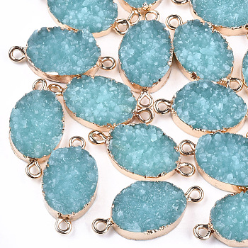 Electroplate Druzy Resin Links connectors, with Iron Findings, Oval, Light Gold, Medium Turquoise, 26~27x13x5~6mm, Hole: 1mm