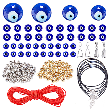 NBEADS DIY Necklaces & Bracelets Making Kits, Including Handmade Evil Eye Lampwork Pendants & Beads, Brass Findings, Leather Cord Necklace Making and Nylon Cord, Platinum & Golden, 18~18.5 inch