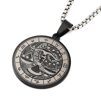 Retro Mandala 201 Stainless Steel Box Chain Constellation Pendant Necklaces for Women Men, Black, Libra, 28.35 inch(72cm)