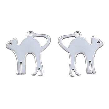201 Stainless Steel Charms, Halloween Style, Cat, Stainless Steel Color, 14.5x14.5x1mm, Hole: 1mm