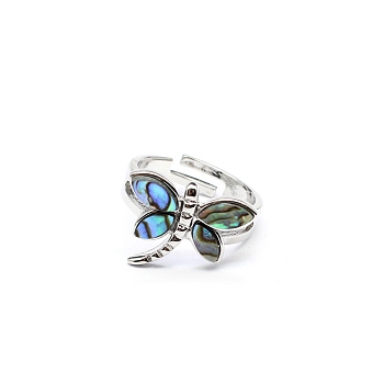 Natural Paua Shell Adjustable Ring, Platinum Alloy Ring, Dragonfly, 31x24mm