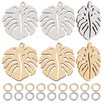 12Pcs 2 Colors 201 Stainless Steel Pendants, with 40Pcs 2 Colors 304 Stainless Steel Open Jump Rings, Monstera Leaf, Mixed Color, 4.5~24x4.5~21x0.8~1mm, Hole: 1mm