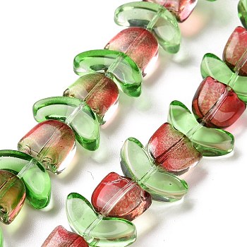 Transparent Glass Beads Strands, Two Tone, Tulip, Indian Red, 6.5~9x9~14x4~5.5mm, Hole: 1mm, about 29pcs/strand, 15.71''(39.9cm)