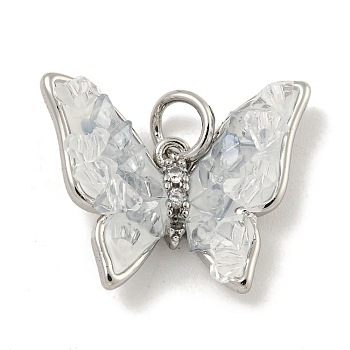 Natural Quartz Crystal Pendants, Brass Pave Clear Cubic Zirconia Butterfly Charms with Enamel & Jump Rings, Platinum, 15x18x5mm, Hole: 3mm