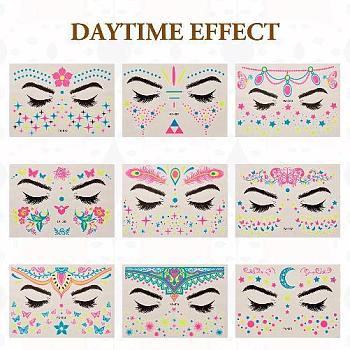 9 Sheets 9 Style Creative Fluorescent Face Tattoo Paper Stickers, Body Stickers Glow UV Neon Temporary Tattoos for Women Festival DIY Makeup Party Props, Rectangle, Mixed Patterns, 15x10.5x0.03cm, 1 sheet/style