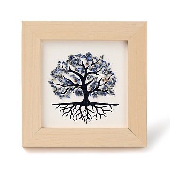 Tree of Life Natural Lapis Lazuli Chips Picture Frame Stand, with Wood Square Frame, Feng Shui Money Tree Picture Frame Home Office Decoration, 66x130x120mm, Inner Diameter: 90x90mm