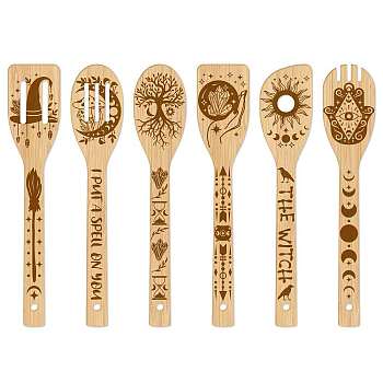 6Pcs Bamboo Spoons & Knifes & Forks, Flatware for Dessert, Tarot Theme Pattern, 60x300mm, 6 style, 1pc/style, 6pcs/set