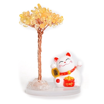 Natural Citrine Chips Tree Decorations, Plastic Lucky Cat with Copper Wire Feng Shui Energy Stone Gift for Women Men Meditation, 80mm