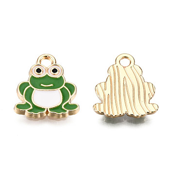 Alloy Enamel Charms, Cadmium Free & Lead Free, Frog Shape, Light Gold, Lime Green, 14.5x13x2mm, Hole: 1.8mm