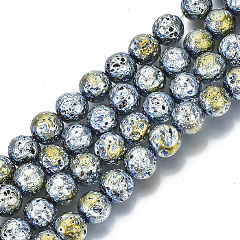 Electroplated Natural Lava Rock Beads Strands, Round, Bumpy, Light Steel Blue, 10.5mm, Hole: 1mm, about 39pcs/Strand, 15.55 inch(39.5cm)