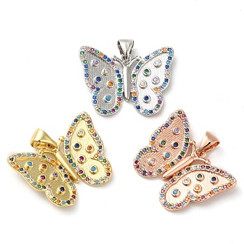 Brass Cubic Zirconia Pendants, Cadmium Free & Lead Free, Butterfly, Mixed Color, 17.5x23x3mm, Hole: 4.5x3.5mm