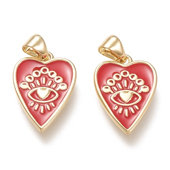 Brass Enamel Pendants, Real 18K Gold Plated, Heart with Eye, Red, 18.5x12.5x1.6mm, Hole: 3.5x5mm