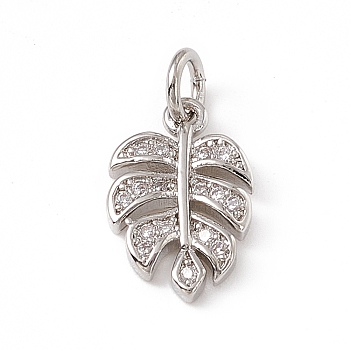 Brass Micro Pave Clear Cubic Zirconia Leaf Charms, with Open Jump Rings, Platinum, 13x8.2x1.5mm, Jump Ring: 4.5x0.7mm, Inner Diameter: 3mm 